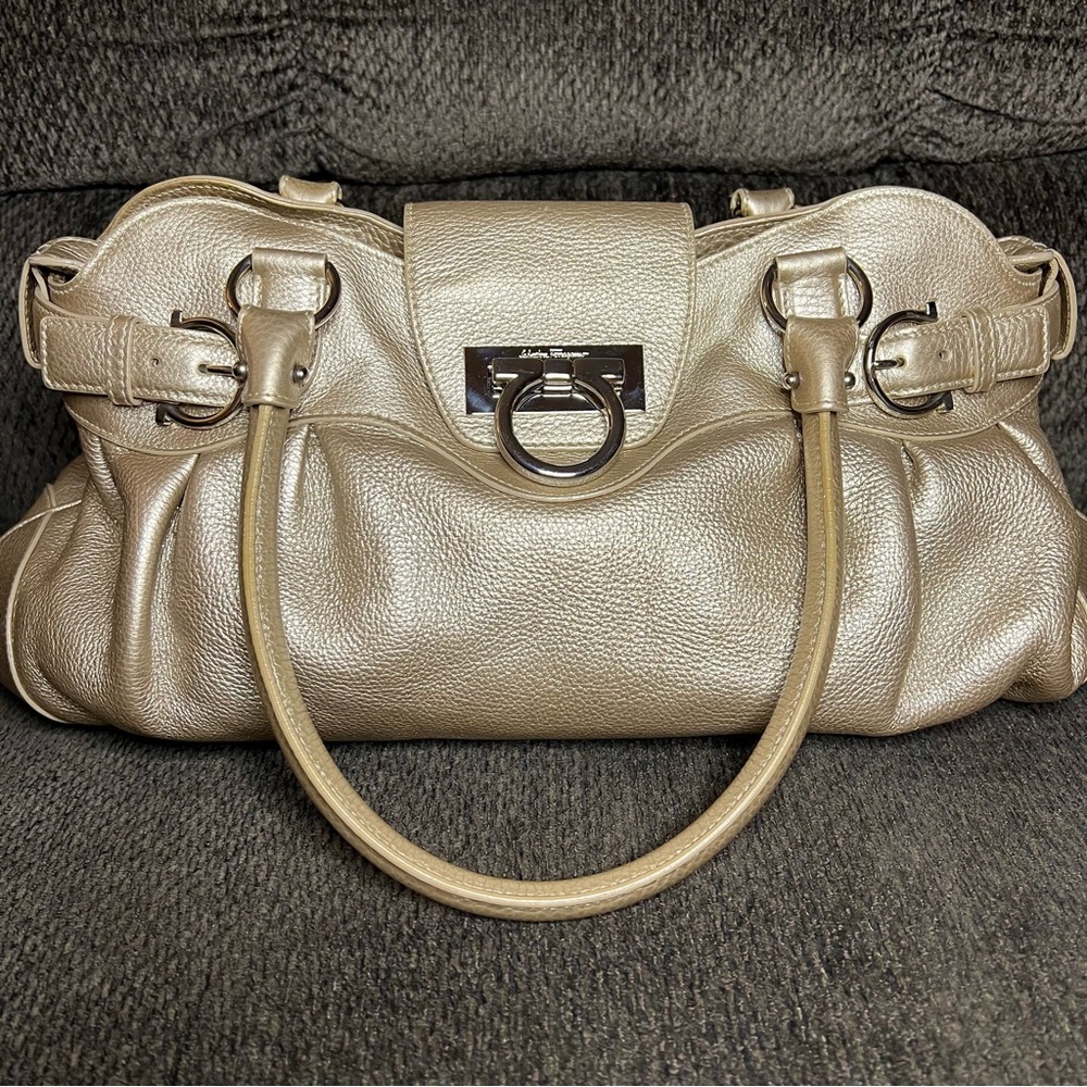 Salvatore Ferragamo Gancini Hand Bag Leather Gold With Dustbag EUC AU21-5370